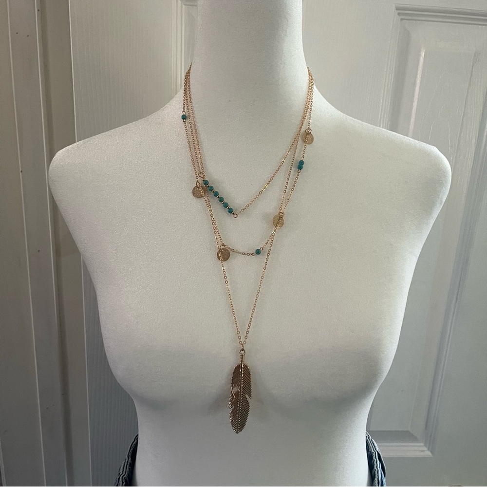 Boho Gold Tone‎ Multi Strand Layered Necklace Turquoise Beads Feather Coin Charm